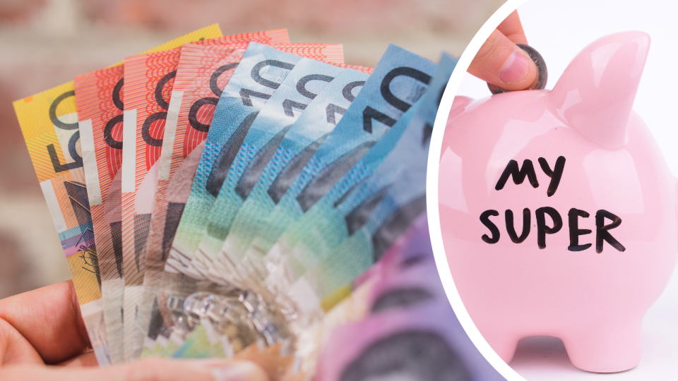 A person holds out Australian currency and a coin being dropped into piggy bank to represent super fund savings.