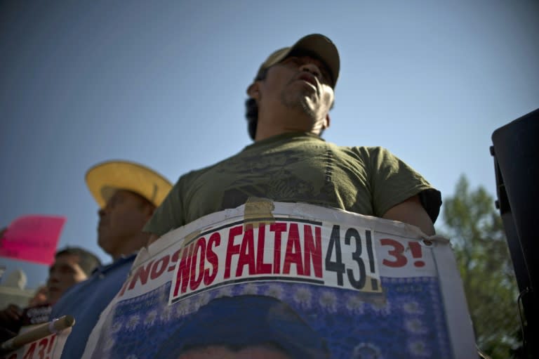 The parents of some of the 43 missing students from Ayotzinapa teachers school gather in Mexico City on February 22, 2016