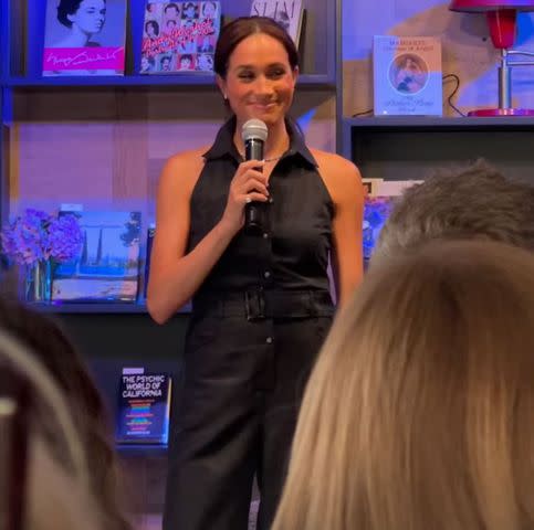 <p>Laura Lynne Jackson/Instagram</p> Meghan Markle at Godmothers bookstore in Summerland, Calif.