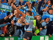 <p>Hayne celebrated by jumping into a sea of Blues fans.</p>