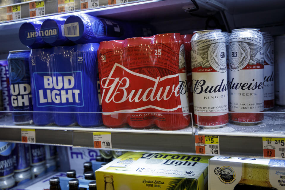 NEW YORK, NY - JULY 26: Cans of Budweiser and Bud Light sit on a shelf for sale at a convenience store, July 26, 2018 in New York City. Anheuser-Busch InBev, the brewer behind Budweiser and Bud Light, said on Thursday that U.S. revenues fell 3.1% in the second quarter. American consumers continue to shift away from domestic lagers and toward crafts beers and wine and spirits. (Photo by Drew Angerer/Getty Images)