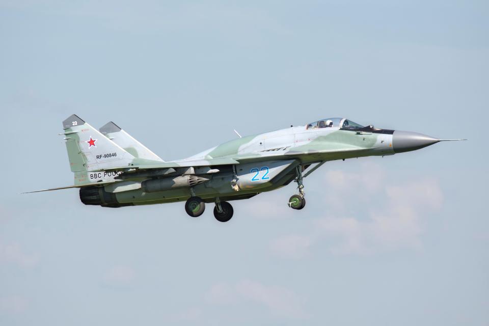 Russian Air Force MiG-29SMT landing in Ryazan, Russia, after a mission during exercise Aviadarts 2016.