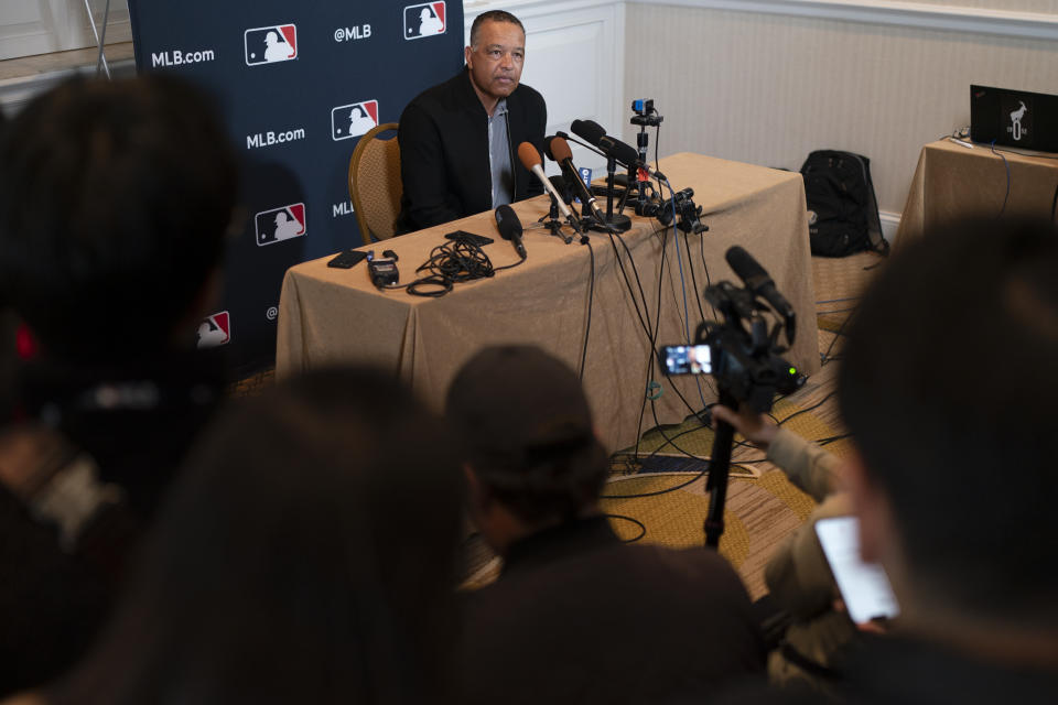 Los Angeles Dodgers manager Dave Roberts responds to questions during the Major League Baseball winter meetings Tuesday, Dec. 5, 2023, in Nashville, Tenn. (AP Photo/George Walker IV)