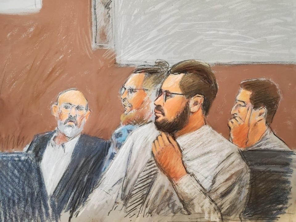 A courtroom sketch of four men charged with plotting to kidnap Gov. Gretchen Whitmer listen as one of their co-defendants testifies against them on March 24, 2022 in U.S. District Court. From left to right are: Barry Croft, Brandon Caserta, Adam Fox and Daniel Harris. Caserta and Harris would later be acquitted.