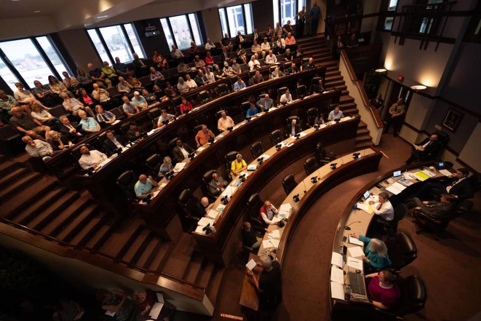 Inside a Madison County Board meeting on April 17, 2024, where the board voted in favor of a referendum on whether or not to allow a symbolic vote for Madison County to secede from the state of Illinois.