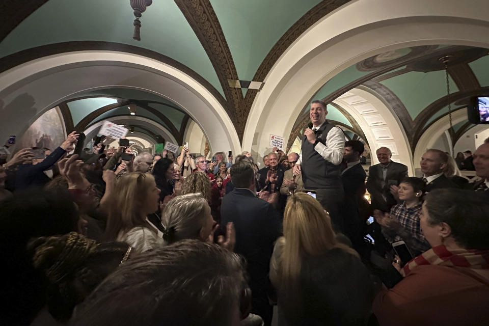 Republican Missouri state Sen. Bill Eigel, a member of the Freedom Caucus, speaks to hundreds of supporters gathered Tuesday, Jan. 30, 2024, at the Missouri Capitol in Jefferson City, Mo. (AP Photo/Summer Ballentine)