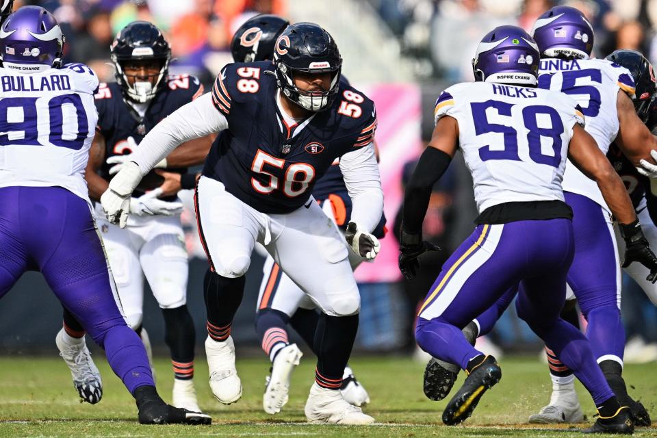 Oct 15, 2023; Chicago, Illinois, USA; Chicago Bears offensive lineman Darnell Wright (58) blocks against the Minnesota Vikings at Soldier Field. Mandatory Credit: Jamie Sabau-USA TODAY Sports