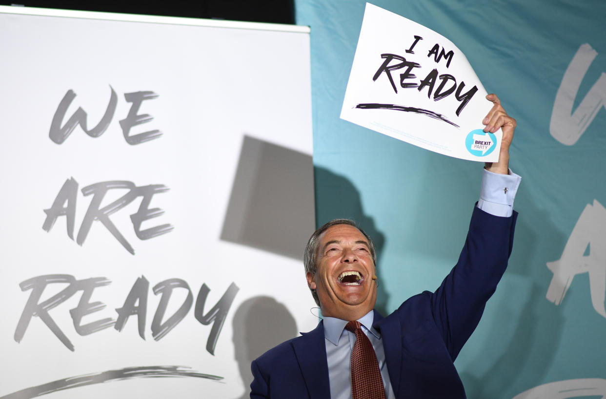Brexit Party leader Nigel Farage speaks during the party's 'We Are Ready' event at Colchester United Football Club in Essex. (Photo by Stefan Rousseau/PA Images via Getty Images)
