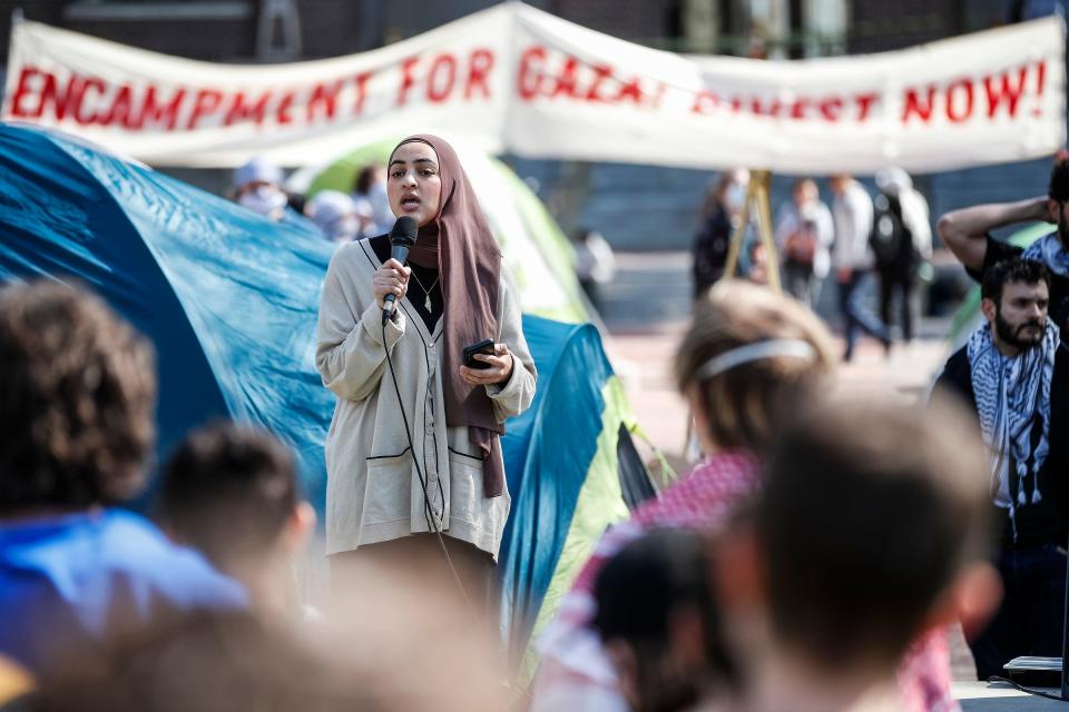 Salma Hamamy, president of U-M SAFE, which stands for Students Allied for Freedom and Equality, speaks at U-M's Diag in Ann Arbor on Monday, April 22, 2024.