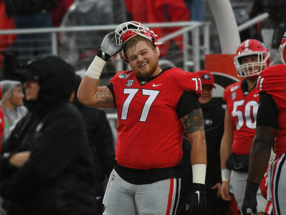 ATHENS, GA - OCTOBER 19: Georgia Bulldogs Offensive Linemen Cade Mays (77) during warmups before the game between the Kentucky Wildcats and the Georgia Bulldogs on October 19, 2019, at Sanford Stadium in Athens, Ga.(Photo by Jeffrey Vest/Icon Sportswire via Getty Images)