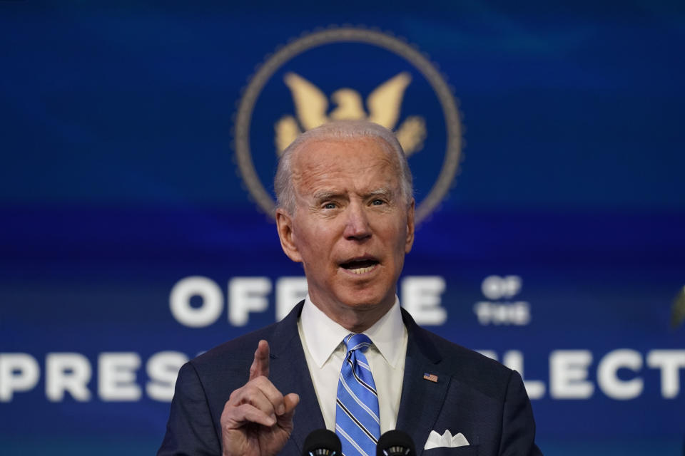 President-elect Joe Biden speaks during an event at The Queen theater, Thursday, Jan. 14, 2021, in Wilmington. Biden’s plan to scrap President Donald Trump’s vision of “America First” in favor of “diplomacy first” will depend on whether he's able to regain the trust of allies and convince them that Trumpism is just a blip in the annals of U.S. foreign policy. (AP Photo/Matt Slocum)