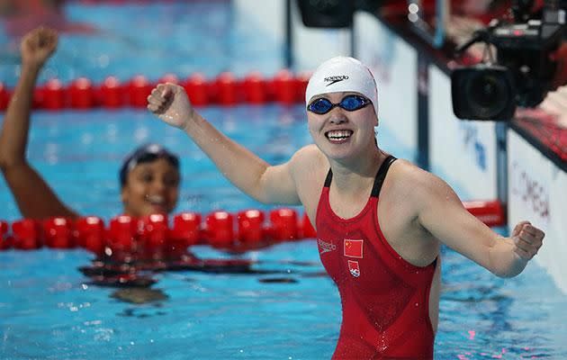 Fu Yuanhui has become a crowd favourite at the Olympics thanks to her enthusiasm and quirky antics poolside. Photo: Getty images