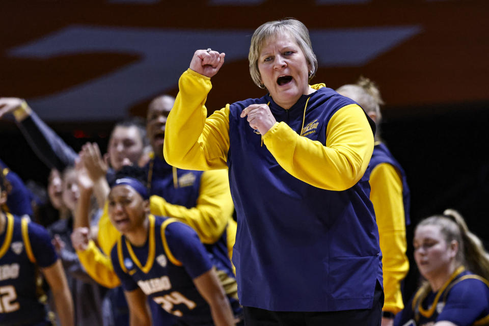 Toledo head coach Tricia Cullop reacts to a play in the first half of a first-round college basketball game against Iowa State in the NCAA Tournament, Saturday, March 18, 2023, in Knoxville, Tenn. (AP Photo/Wade Payne)