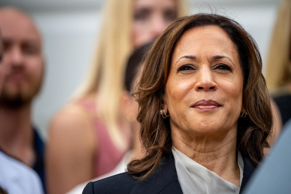 Kamala Harris, wearing a suit, stands outdoors with a slight smile, surrounded by other blurred individuals in the background