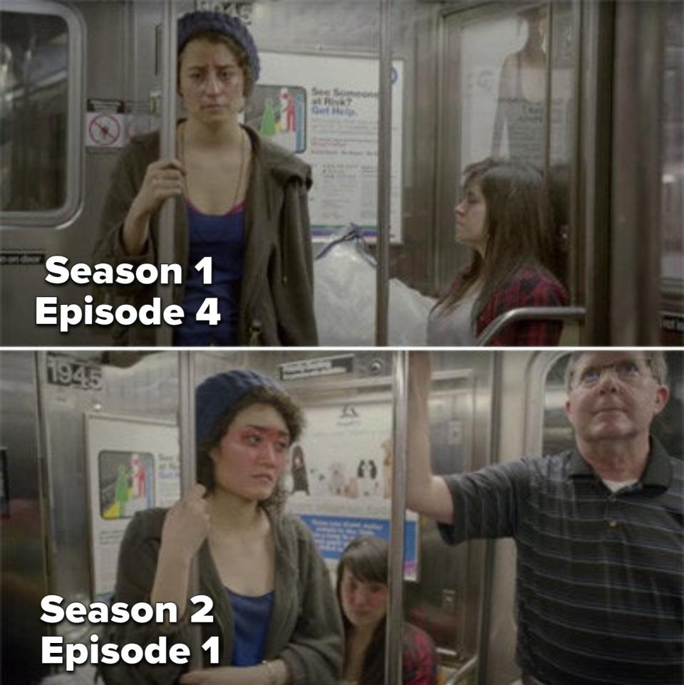 Abbi and Ilana riding the subway in Season 1 and Two girls wearing the exact same thing in Season 2 on the subway