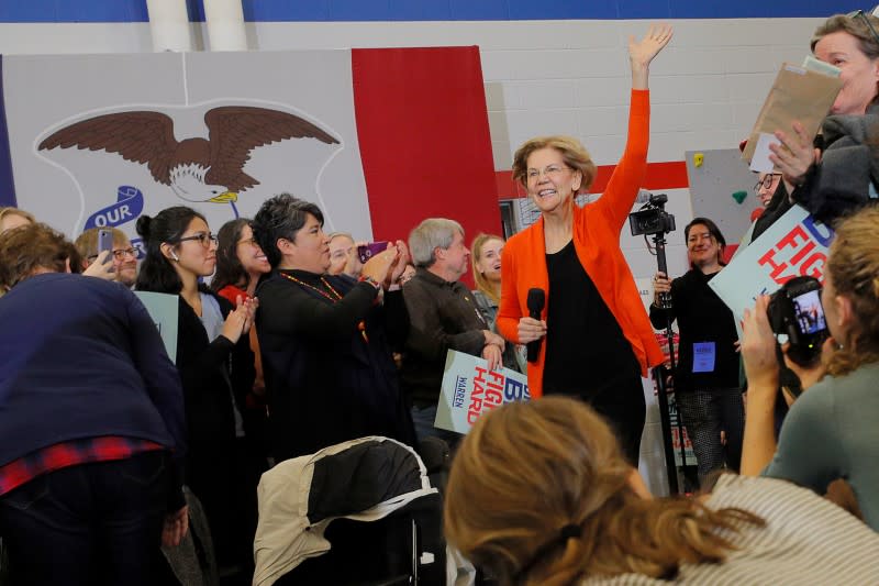 Democratic 2020 U.S. presidential candidate Warren takes the stage for a campaign town hall meeting in Marshalltown