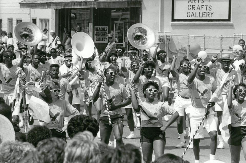 The Paxon High School band entertains during the 1987 Beaches parade.