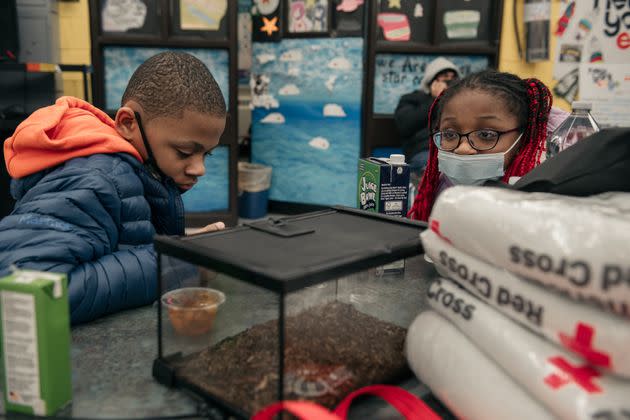 Jordan Mance (left) and his sister Jayden Mance take refuge with their pet gecko at a school cafeteria after a fire at their apartment building erupted. (Photo: Scott Heins via Getty Images)