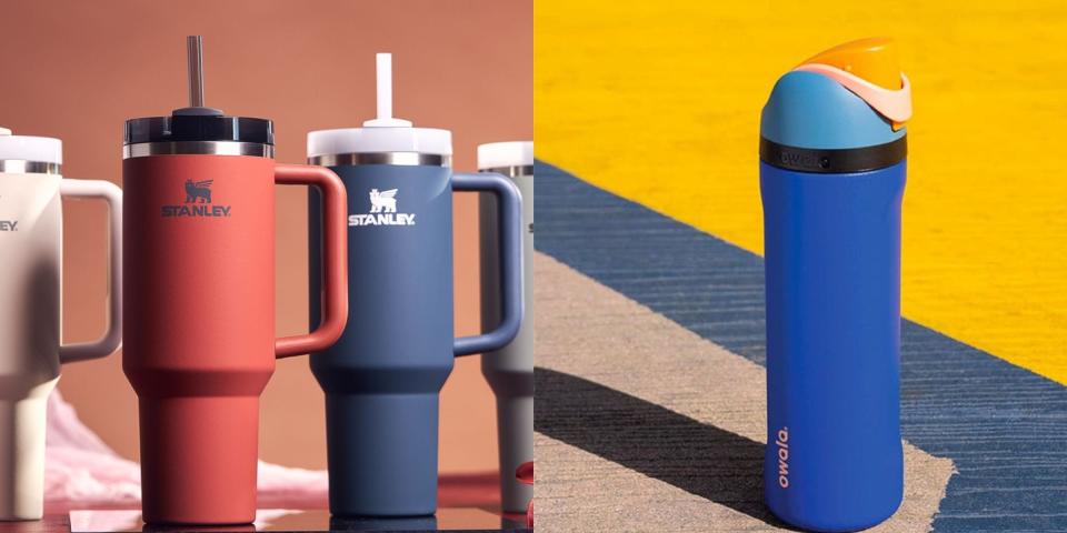 A side-by-side of a Stanley Cup and an Owala water bottle.