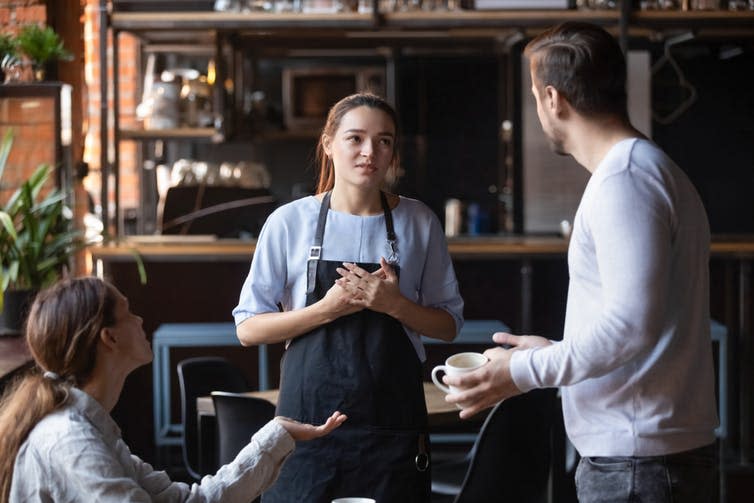 <span class="caption">Aggression against service staff should not be come the acceptable norm.</span> <span class="attribution"><a class="link " href="https://www.shutterstock.com/image-photo/hostile-angry-restaurant-client-couple-friends-1364480018" rel="nofollow noopener" target="_blank" data-ylk="slk:Shutterstock;elm:context_link;itc:0;sec:content-canvas">Shutterstock</a></span>