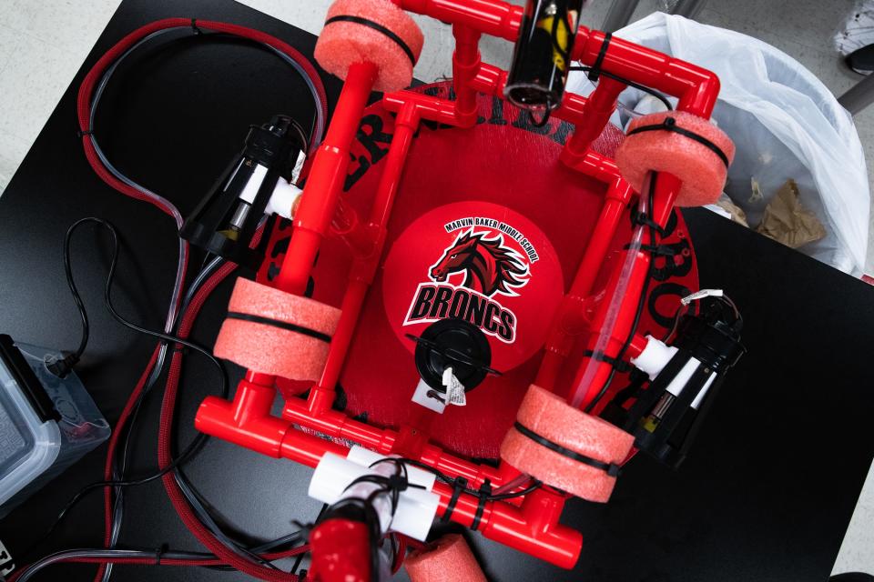 An underwater robot made by the Baker Middle School robotics team at the school on Friday, June 24, 2022. The team's robots will face off against others at a competition later in the year.