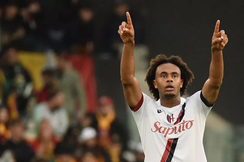 Bologna's Dutch forward Joshua Zirkzee celebrates after scoring