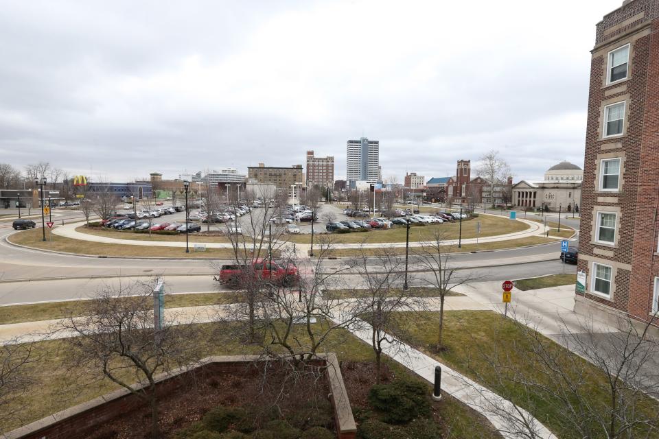 The parking lots south of Memorial Hospital are shown Thursday, Feb. 15, 2024. The area is slated to be developed into one of the largest mixed-use projects in South Bend’s history.