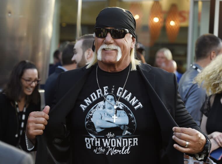 Professional wrestler Hulk Hogan arrives at the premiere of the HBO documentary film 