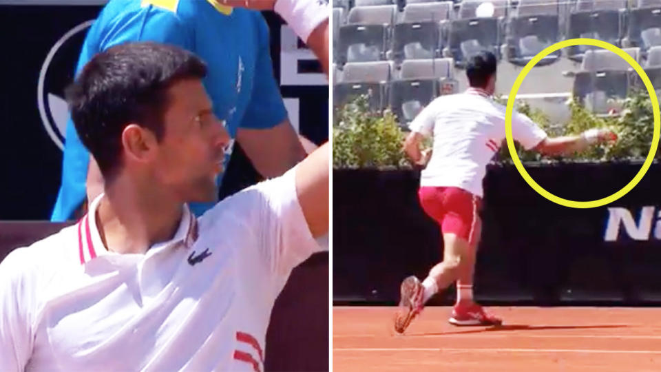 Novak Djokovic (pictured left) getting frustrated and (pictured right) throwing his racquet into the side.