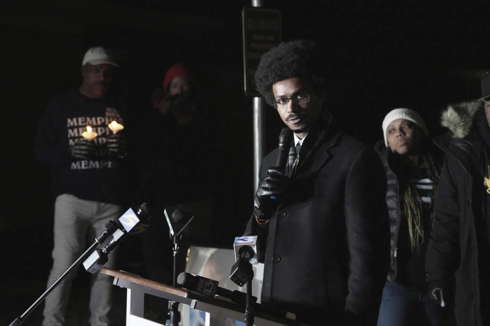 Tennessee Rep. Justin Pearson speaks during a candlelight vigil for Tyre Nichols on the anniversary of his death Sunday, Jan. 7, 2024, in Memphis, Tenn. Nichols lost his life following a violent beating by five Memphis Police officers in January 2023. (AP Photo/Karen Pulfer Focht)