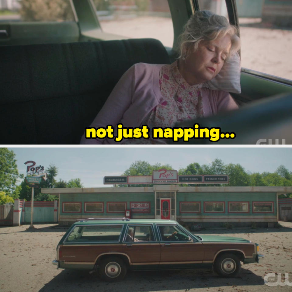 Betty in the car with the caption not just napping driving past pop's