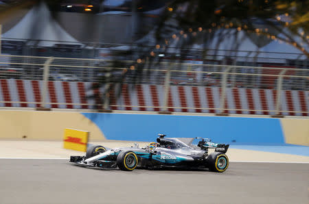 Formula One - F1 - Bahrain Grand Prix - Sakhir, Bahrain - 15/04/17 - Mercedes Formula One driver Lewis Hamilton of Britain drives during the qualifying session. REUTERS/Hamad I Mohammed