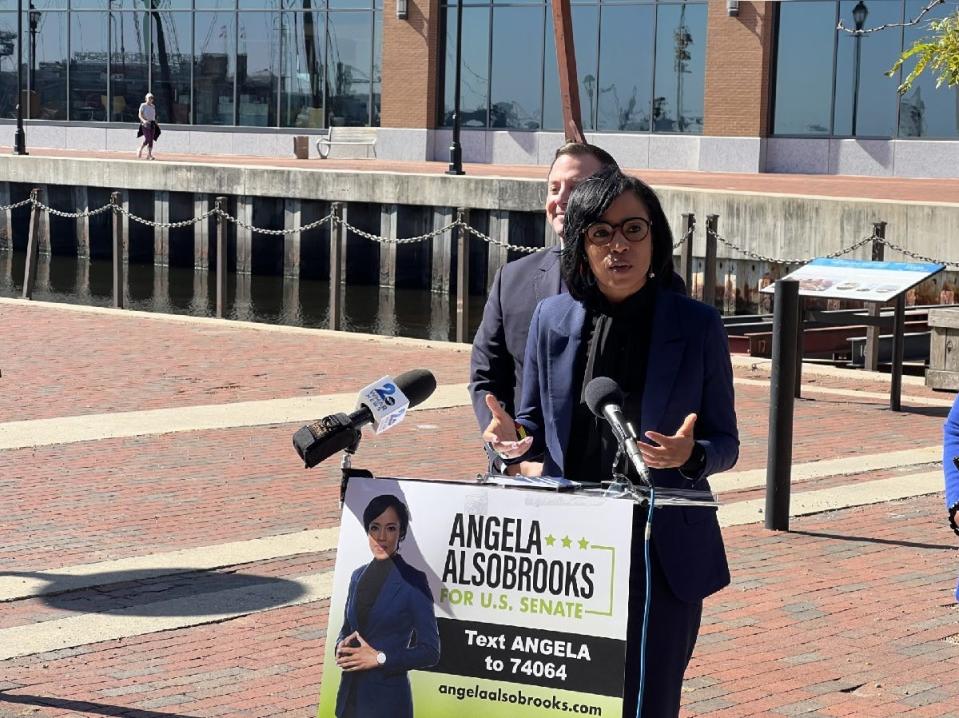 Prince George's County Executive Angela Alsobrooks speaks in Baltimore on October 13, 2023 after being endorsed by Maryland Senate President Bill Ferguson, D-Baltimore, left, during a press conference.