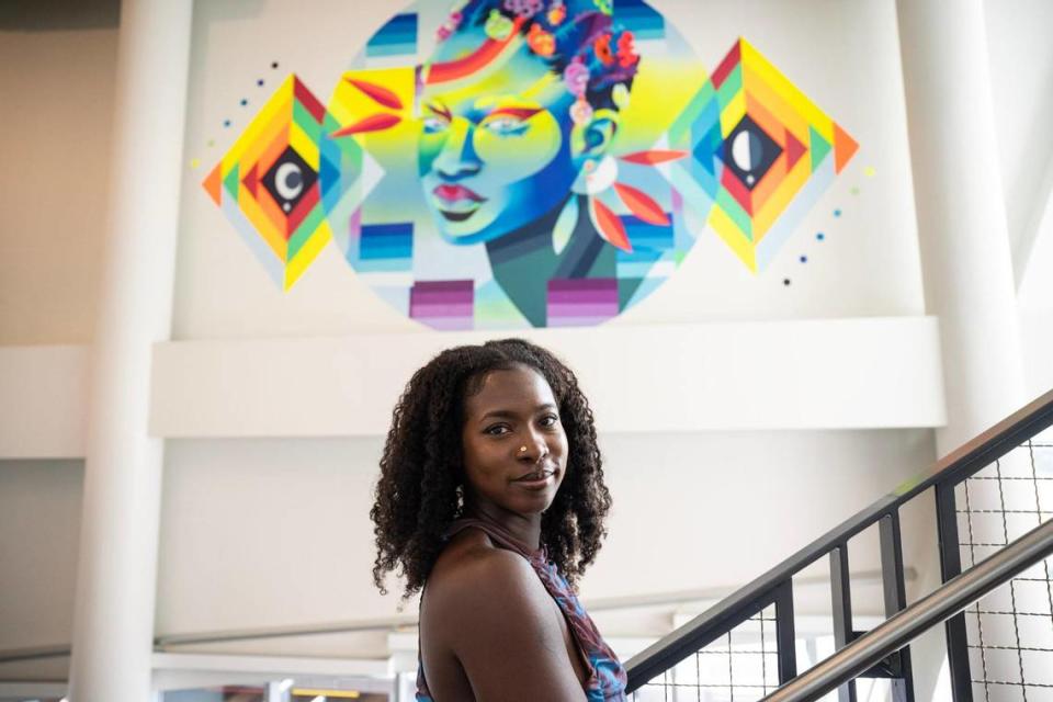 Artist Georgie Nakima created a large-scale mural, “Earth Keeper,” at the Harvey B. Gantt Center for African-American Arts + Culture at 551 S. Tryon St.