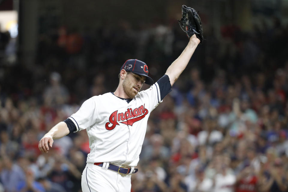 American League pitcher Shane Bieber, of the Cleveland Indians, reacts after striking out National League's Ronald Acuna Jr., of the Atlanta Braves, to end the top of the fifth inning of the MLB baseball All-Star Game, Tuesday, July 9, 2019, in Cleveland. (AP Photo/John Minchillo)