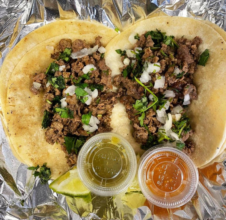 An order of street tacos ready to go at Hometown's Tacos Locos.