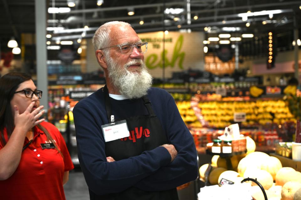 Former talk show host David Letterman visited the Hy-Vee store in Grimes to bag groceries for local customers on Friday. Letterman is in Des Moines for the two IndyCar races sponsored by Hy-Vee at the Iowa Speedway.
