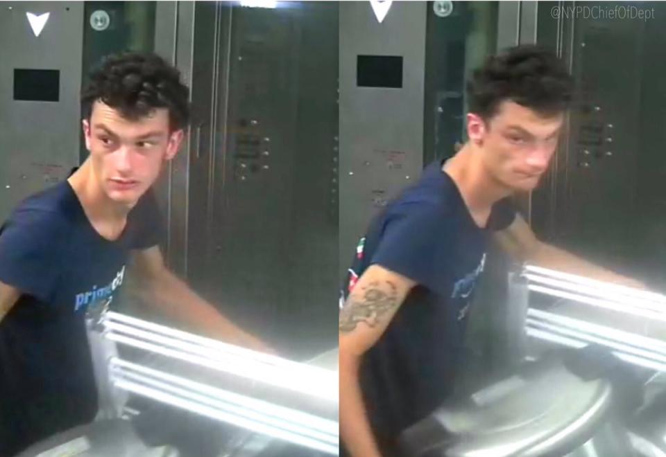 This photo released by NYPD shows a person of interest wanted for questioning in regard to the suspicious items placed inside the Fulton Street subway station in Lower Manhattan on Friday, Aug. 16, 2019 in New York. Three abandoned devices that looked like pressure cookers prompted an evacuation of the major downtown subway station and closed off an intersection in the Chelsea neighborhood before police determined the objects were not explosives. Police were looking to talk to a man seen on surveillance video taking two of the rice cookers out of a shopping cart and placing them in the subway station in lower Manhattan. (NYPD via AP)