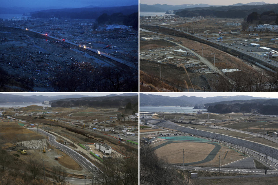 In this combination photo, from top left to bottom right, vehicles pass through the ruins of the leveled city of Minamisanriku, Miyagi Prefecture, northern Japan, on March 15, 2011, top, four days after the tsunami, and vehicles pass through the same area under construction on Feb. 23, 2012, on March 7, 2016 and Saturday, March 6, 2021. (AP Photo/David Guttenfelder and Eugene Hoshiko)