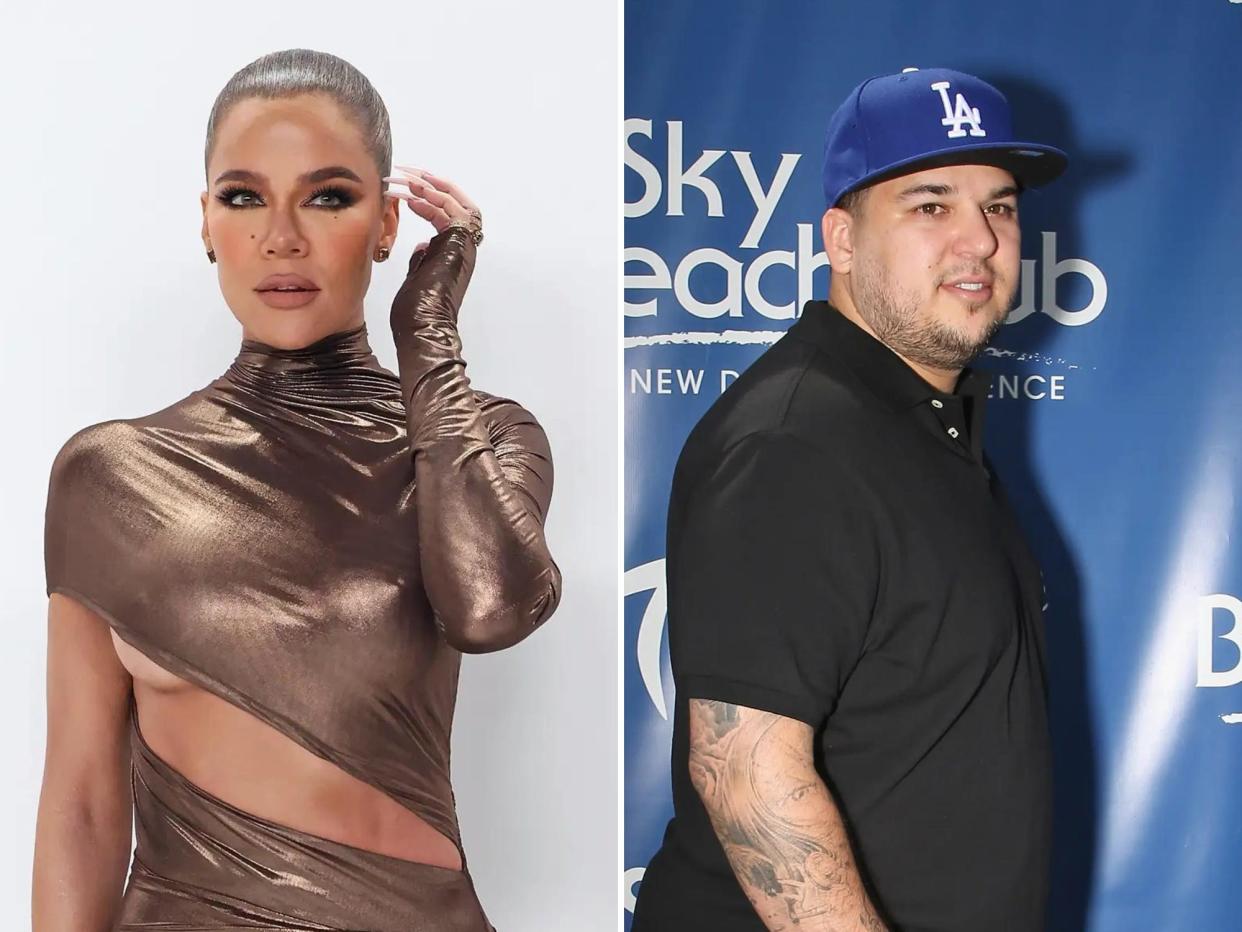 left: khloe kardashian in a wraparound bronze, stretchy dress, holding her hand up to her cheek; right: rob kardashian in a black polo and LA dodgers hat