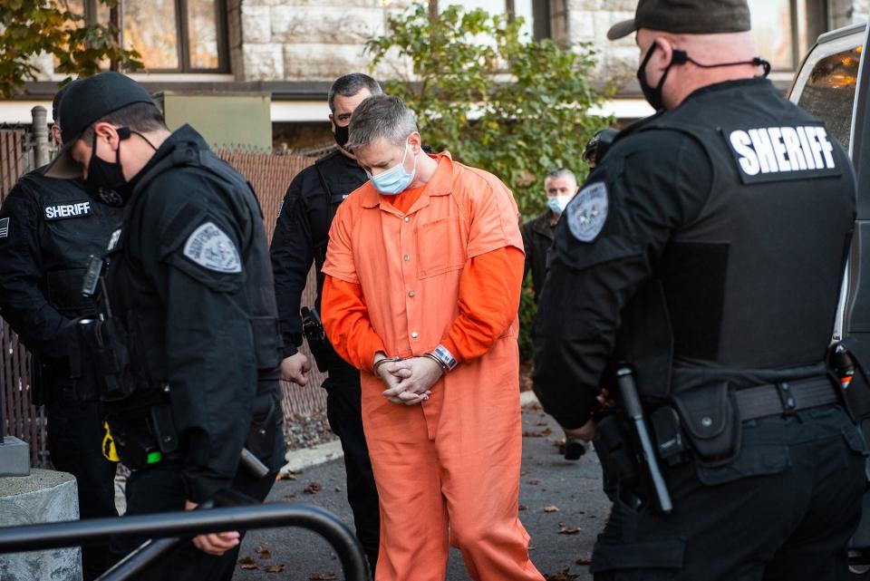 New York State Trooper Christopher Baldner enters the courthouse during the bail hearing for New York State Trooper Christopher Baldner at the Ulster County Courthouse in Kingston, NY on Thursday, November 4, 2021.