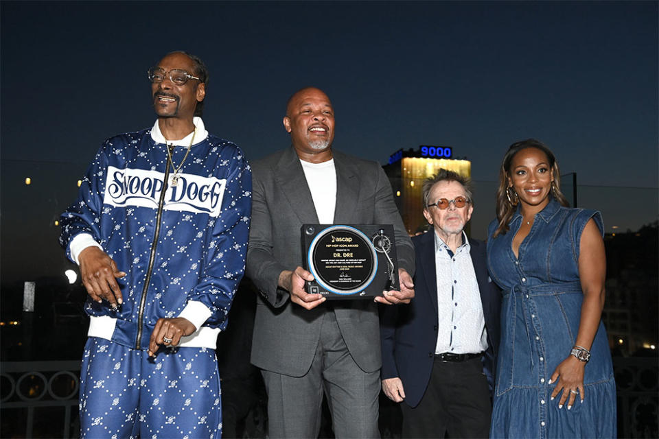 Snoop Dogg, Dr. Dre, Paul Williams and Nicole George-Middleton attends the 50 Years of Hip-Hop celebration hosted by ASCAP Rhythm and Soul at The London Hotel on June 22, 2023 in Los Angeles, California.