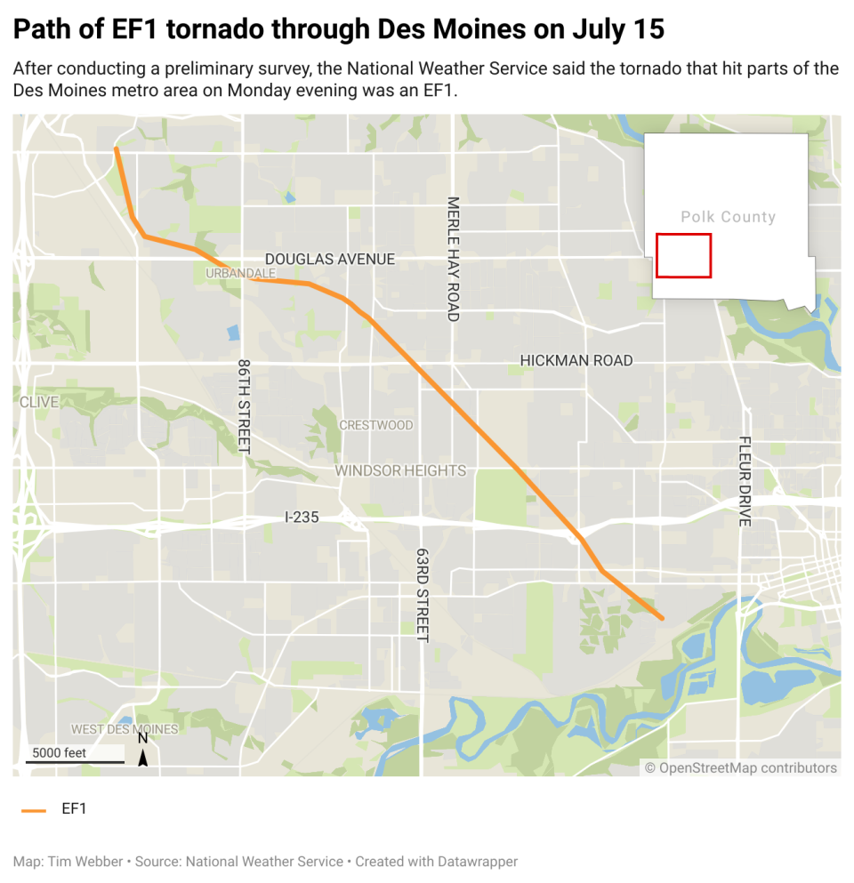 This map shows the path an EF1 tornado took from Urbandale to Des Moines on July 15, 2024.