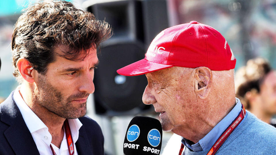 Mark Webber is seen here interviewing Niki Lauda at the Australian Grand Prix.