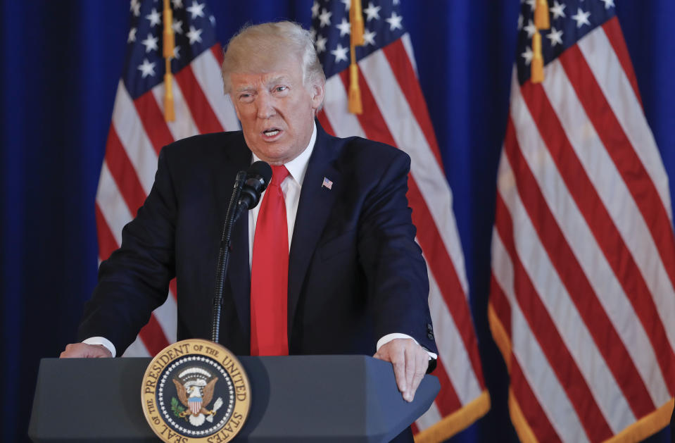 President Trump speaks to members of the media regarding the ongoing situation in Charlottesville, Va., Aug. 12, 2017, at Trump National Golf Club in Bedminister, N.J. (Photo: Pablo Martinez Monsivais/AP)