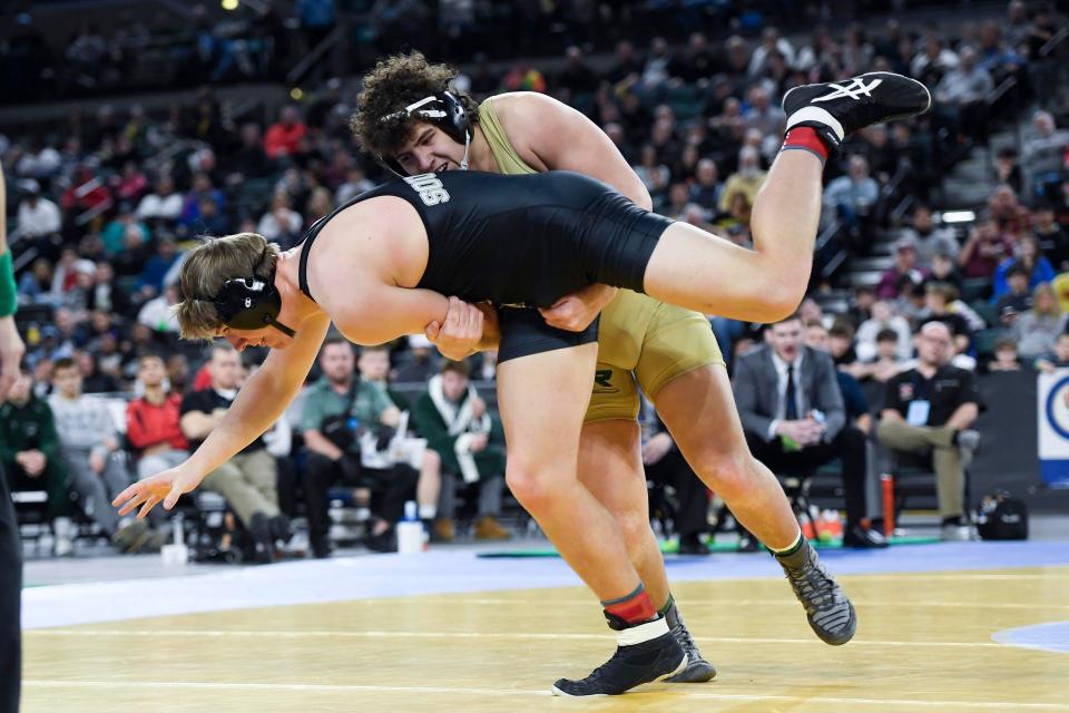 Jim Mullen of St. Joseph Regional, top, and J.T. Cornelius of Southern Regional wrestle in the 285-pound final of the NJSIAA State Wrestling Championships at Boardwalk Hall in Atlantic City on Saturday, March 7, 2020.
