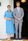 <p>On October 26, the Duchess of Sussex wore a $595 (approx £465) Veronica Beard shirt dress for a trip to Tupou College and Toloa rainforest. She teamed the look with Aquazurra heels – which promptly sold out online. <em>[Photo: Getty]</em> </p>