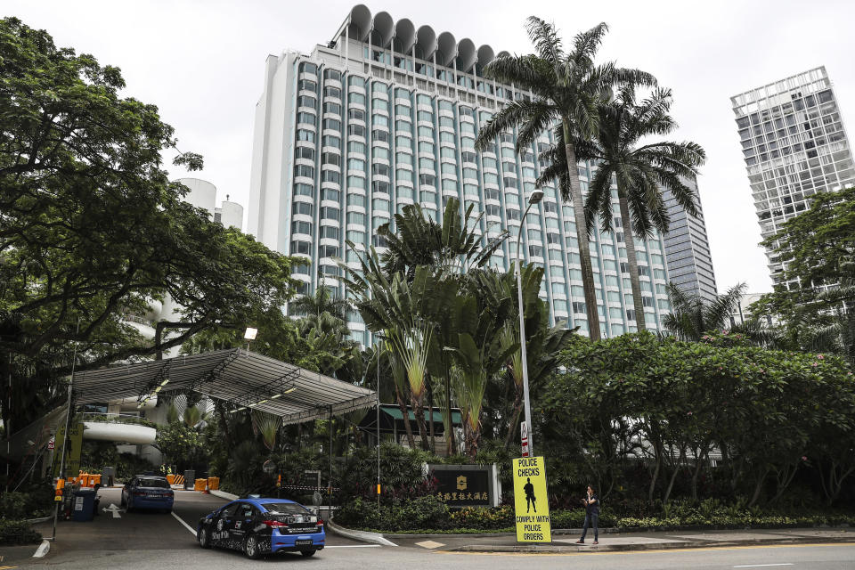 A security tent at the entrance to the Shangri-La Hotel in Singapore, Sunday, 10 June, 2018. (Photo: AP/Yong Teck Lim)