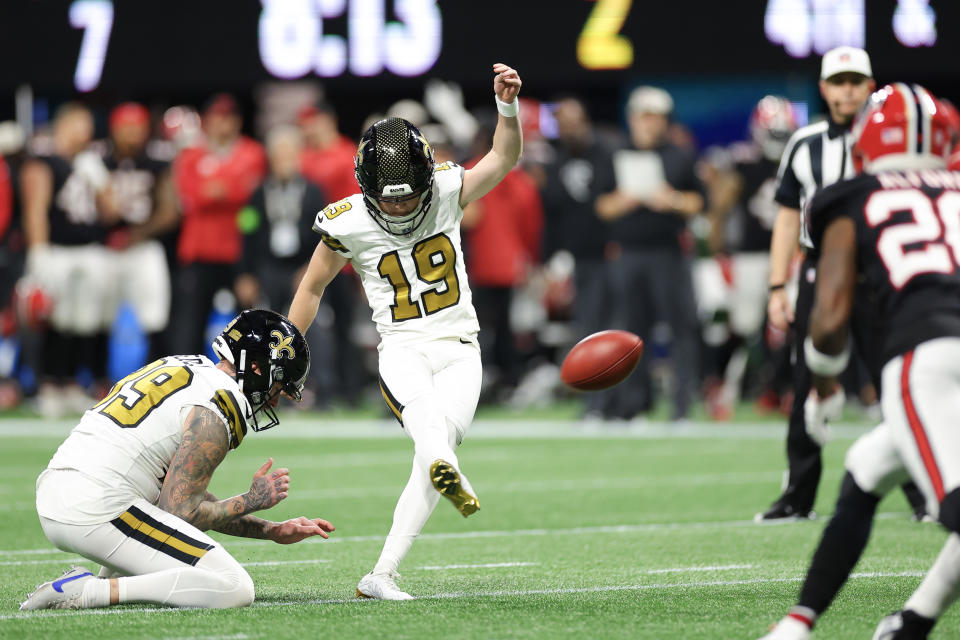 ATLANTA, GEORGIA – NOVEMBER 26: Blake Grupe #19 of the New Orleans Saints kicks a field goal against the Atlanta Falcons during the first quarter at Mercedes-Benz Stadium on November 26, 2023 in Atlanta, Georgia. (Photo by Kevin C. Cox/Getty Images)