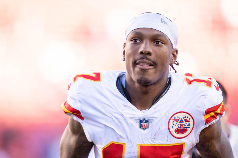 October 23, 2022; Santa Clara, California, USA; Kansas City Chiefs wide receiver Mecole Hardman (17) after the game against the San Francisco 49ers at Levi's Stadium. Mandatory Credit: Kyle Terada-USA TODAY Sports